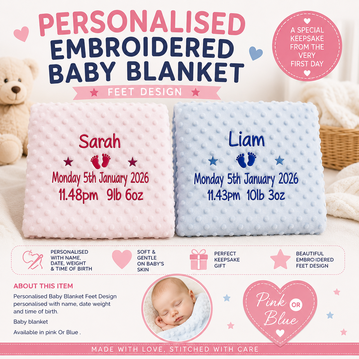 Personalised Embroidered Baby Dimple Blanket With Name And Date  Pink or Blue