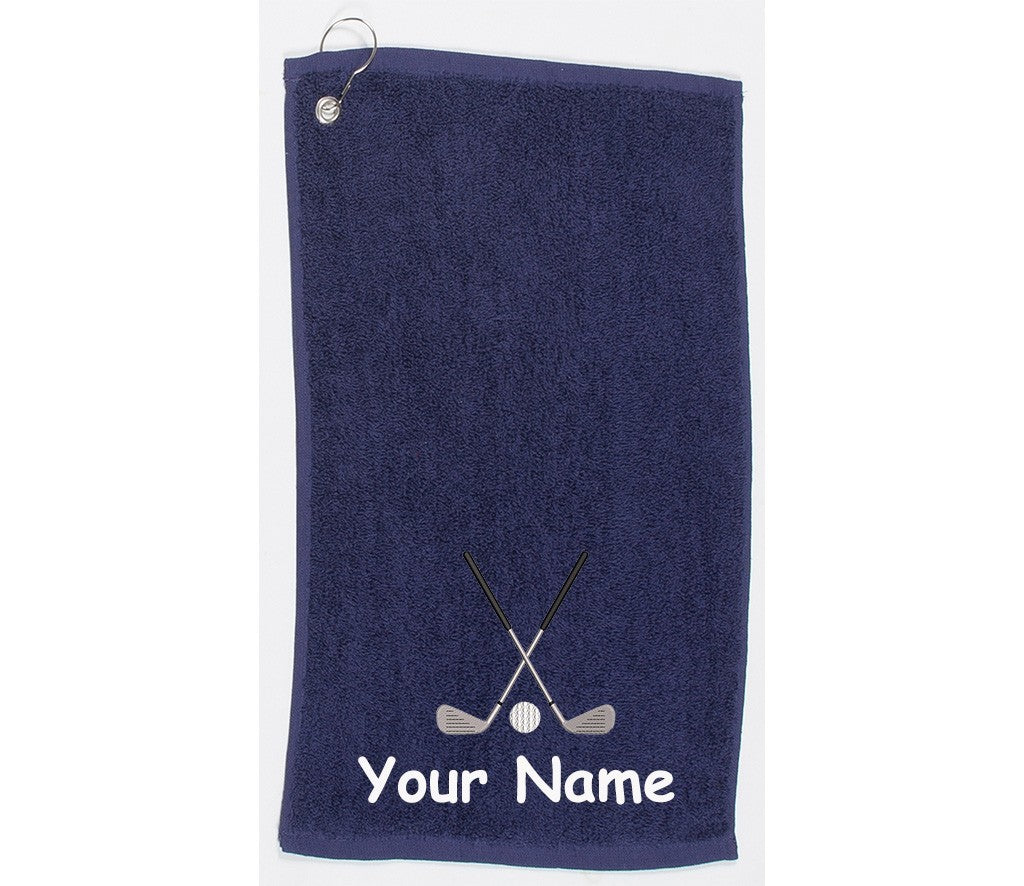 Personalised golf towel embroidered with golf clubs and name  Choice of Colours