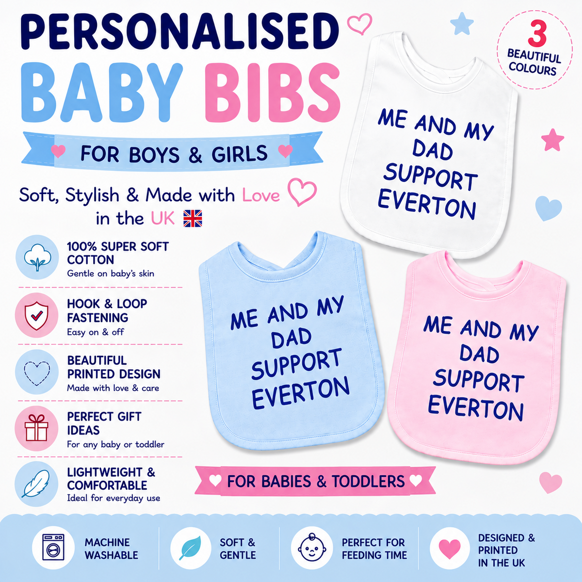 Me And My Dad Supports EVERTON Baby Bib choice of colours Baby Feeding Bib Gift