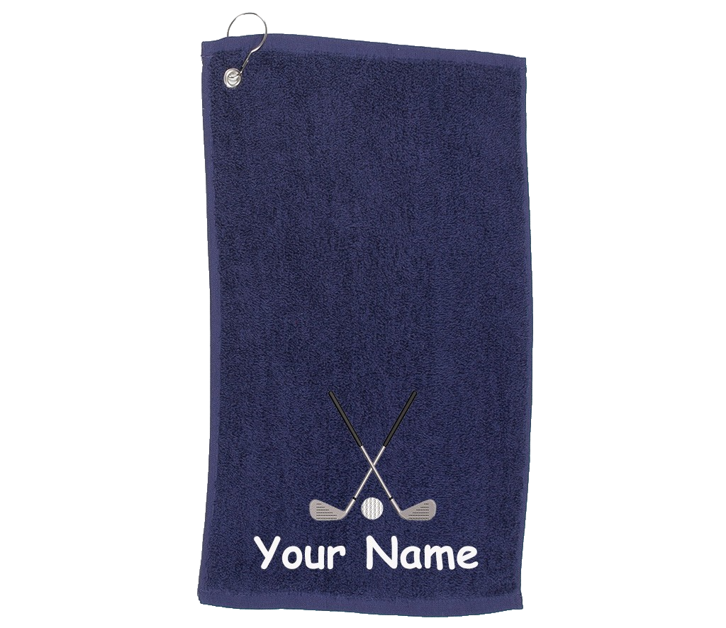Personalised golf towel embroidered with golf clubs and name  Choice of Colours