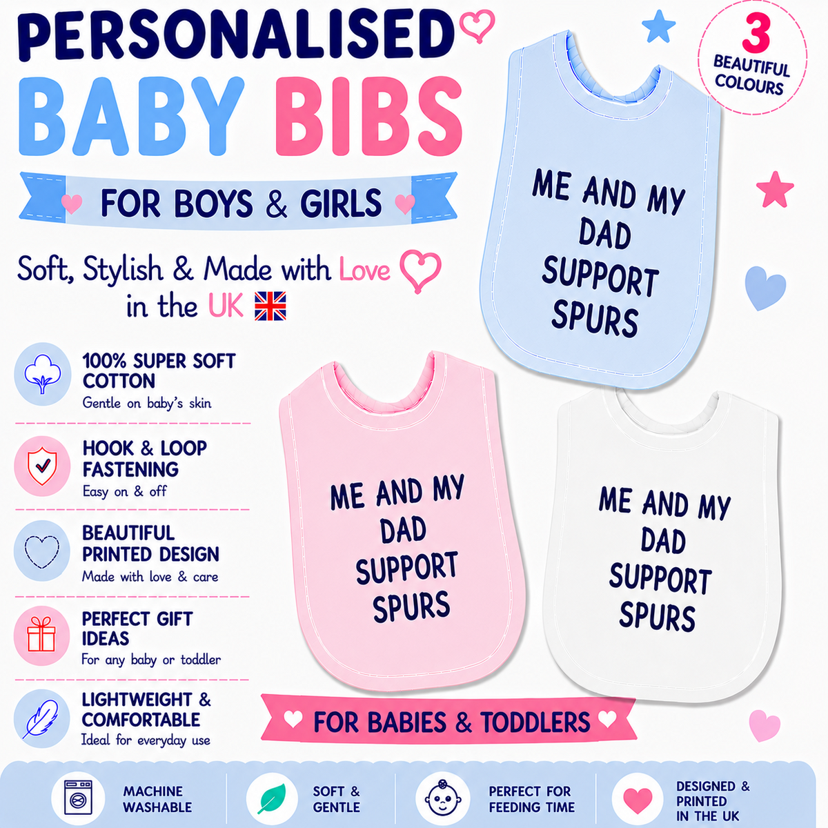 Me And My Dad Support SPURS Baby Bib choice of colours Baby Feeding Bib FOOTBALL