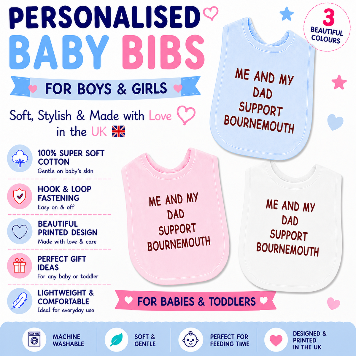Me And My Dad Supports Bournemouth Baby Bib choice of colours Baby Feeding Bib