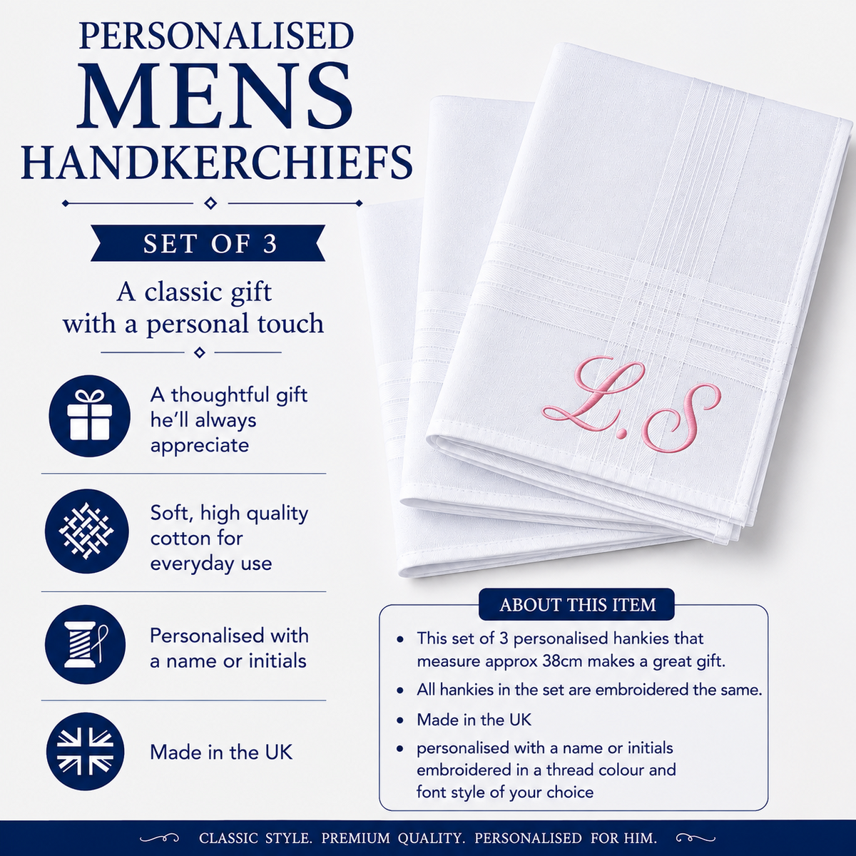 Personalised Handkerchiefs, Embroidered Initials Monogrammed, 3 White Hankys