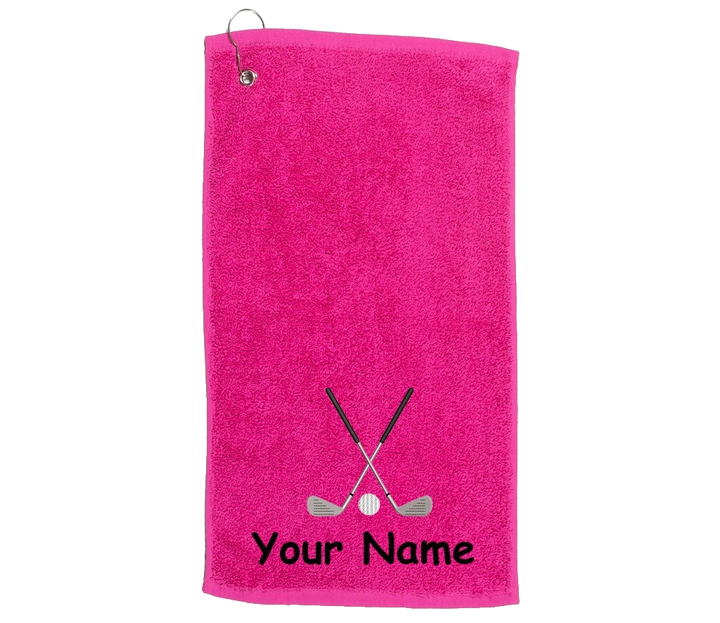 Personalised golf towel embroidered with golf clubs and name  Choice of Colours