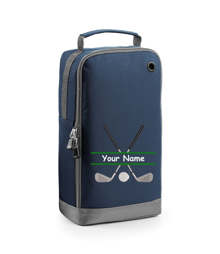 Personalised golf shoe bag embroidered with golf clubs and name/initials