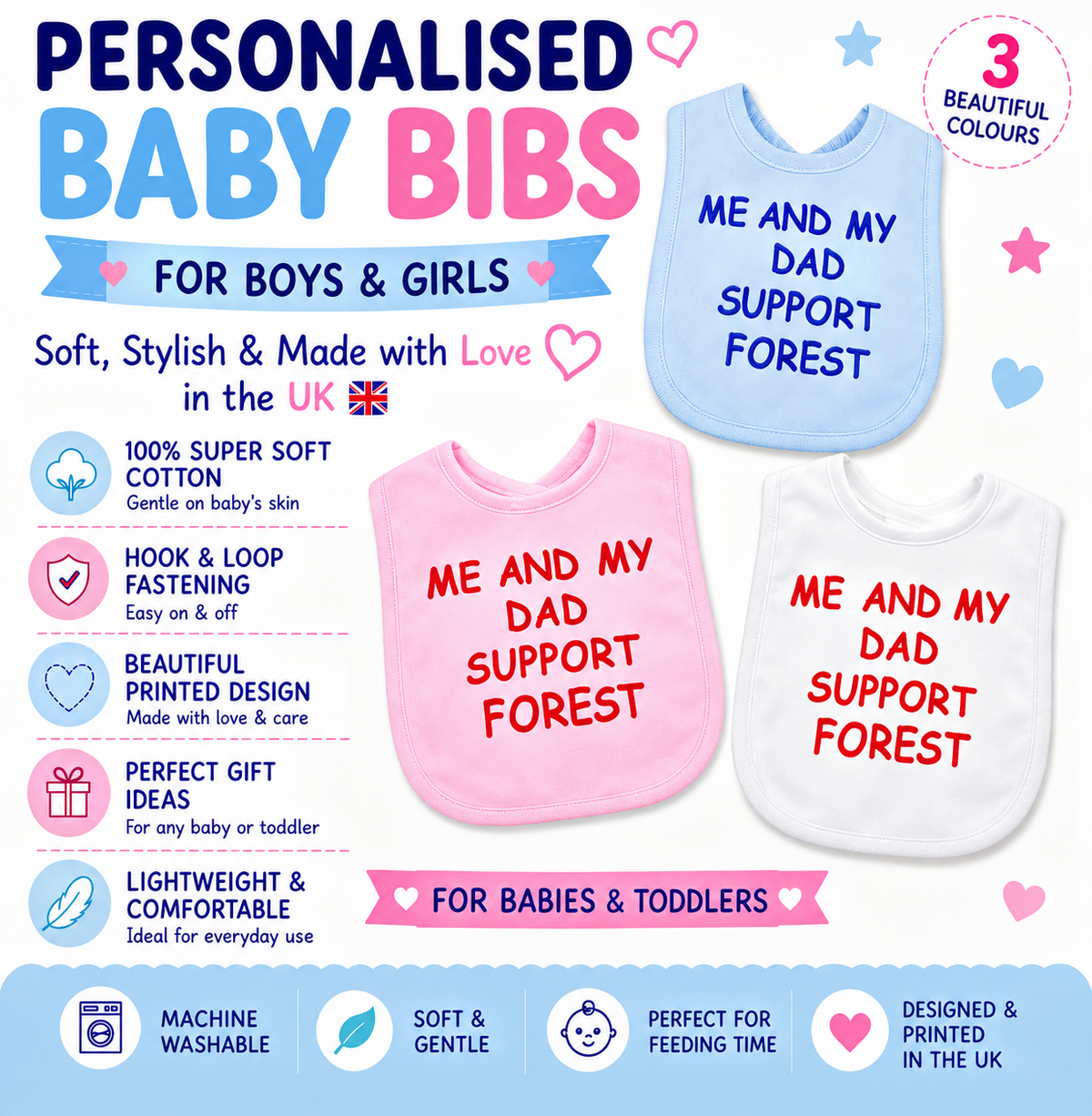 Me And My Dad Supports FOREST Baby Bib choice of colours Baby Feeding Bib Gift