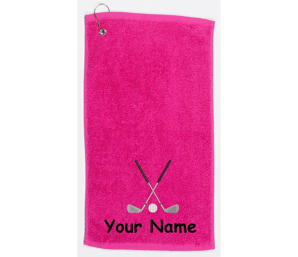 Personalised golf towel embroidered with golf clubs and name  Choice of Colours