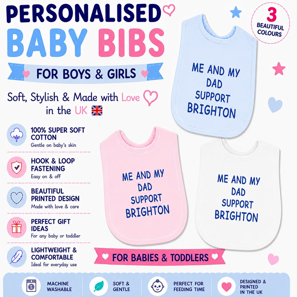Me And My Dad Supports Brighton Baby Bib choice of colours Baby Feeding Bib