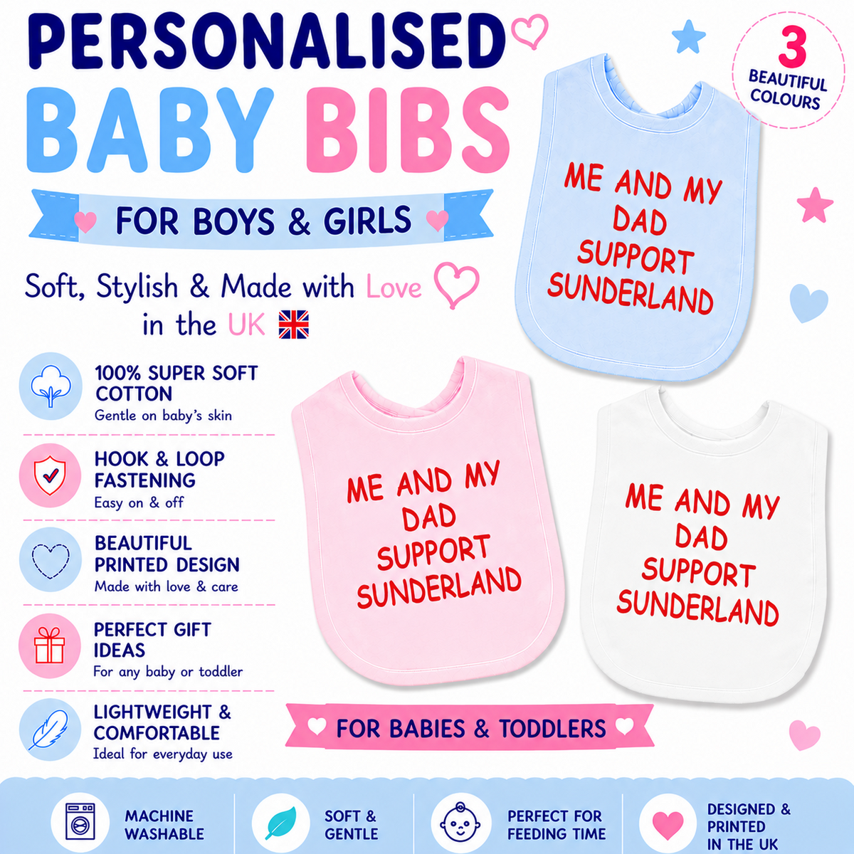 Me And My Dad Supports SUNDERLAND Baby Bib choice of colours Baby Feeding Bib