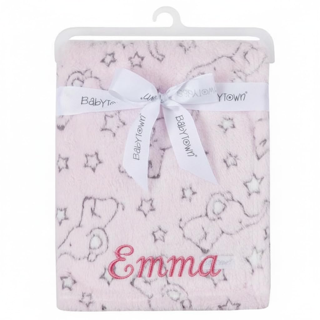 Personalised Baby Girls Newborn Soft Blankets Jacquard Elephant Plush Fleece Pram Crib Pink Blanket embroidered with a name of your choice.