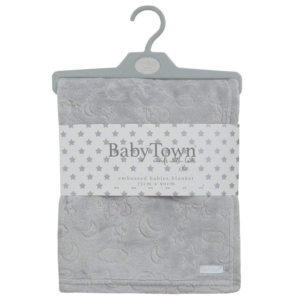 Personalised Embossed moon stars blanket Baby Blanket, Soft Fleece, Grey, 75 x 90cm, Newborn to Toddler Personalised with a name of your choice.