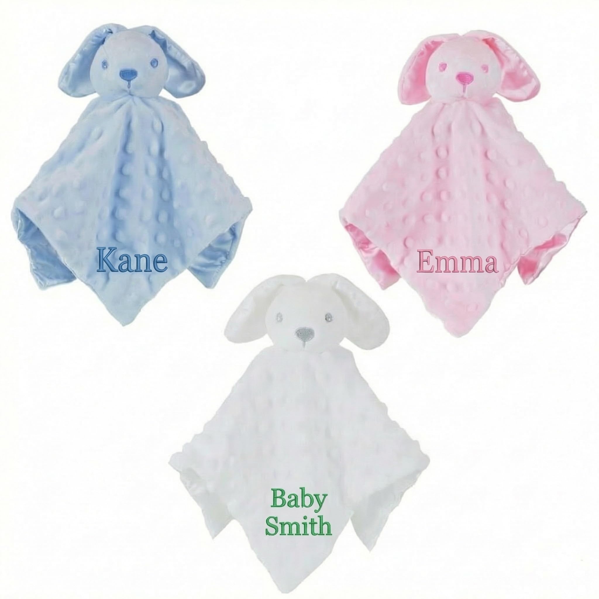 Personalised Baby Soft Touch Satin Silk Bunny Rabbit Comforter Blanket, Security Blankie, Blue Pink White EMBROIDERED WITH A NAME OF YOUR CHOICE