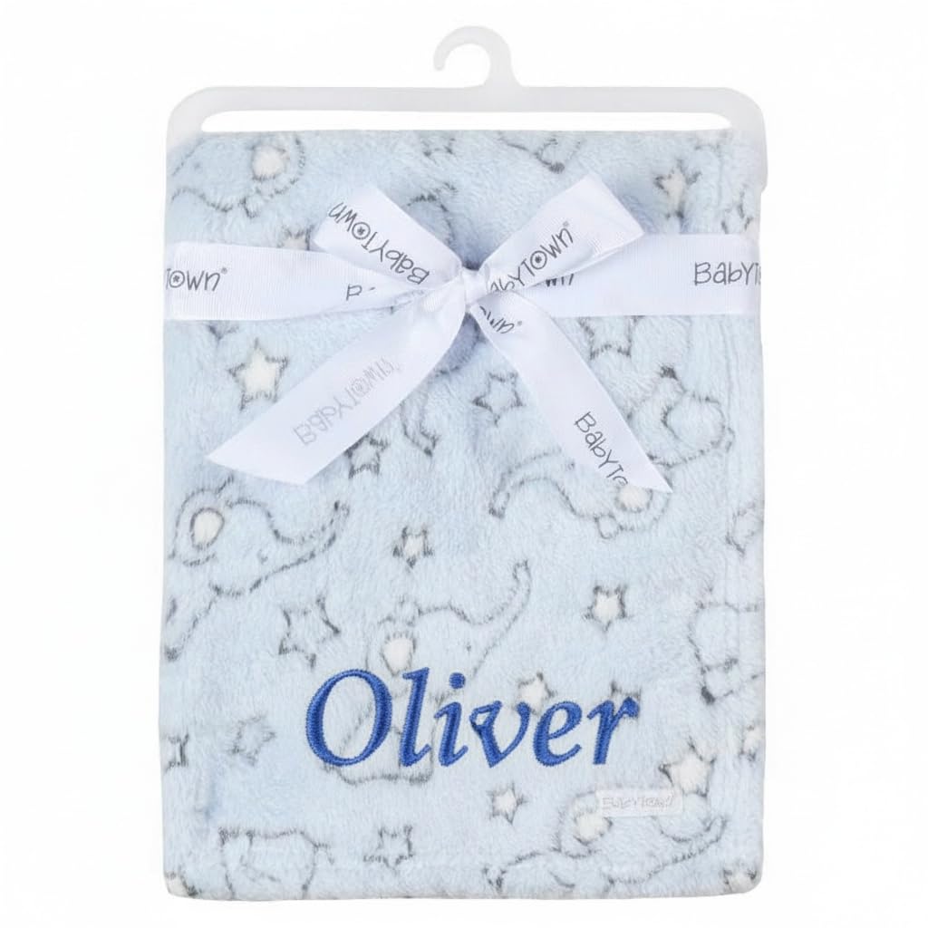 Personalised Baby Boys Newborn Soft Blankets Jacquard Elephant Plush Fleece Pram Crib Blue Blanket