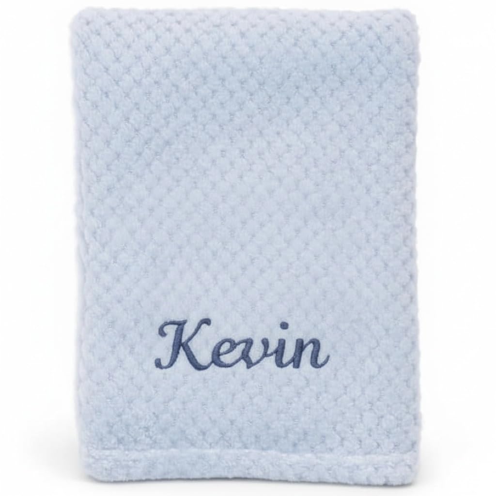 Personalised Baby Blue Blanket with Name Custom Newborn Size 75x100cm Soft Waffle Fleece Cot & Pram Blanket Embroidered Baby Gift for Baby Shower, Christening, Baby Boys & Girls