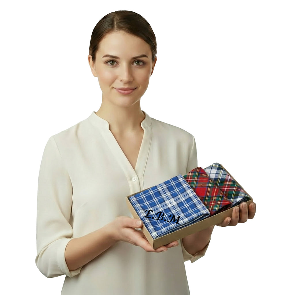 Mens Tartan Handkerchiefs: Personalised Embroidered Name or Initials, Gift Box Set of 3 Hankies - Birthday Christmas.