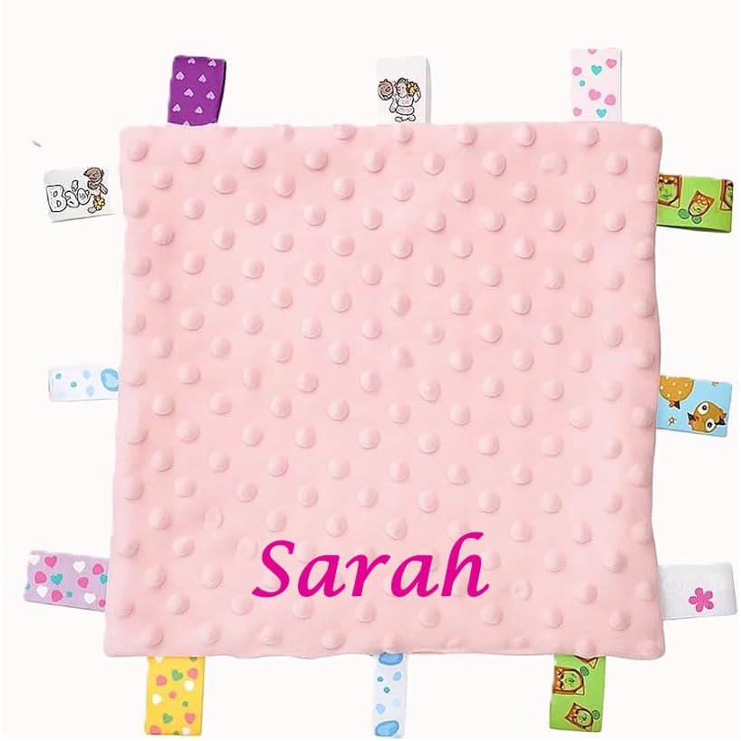 Personalised Baby Name Embroidered Ribbon Taggy Blanket Comforter Baby Comforter with Sensory Tags, Soothing Blanket for Newborns and Toddlers, Soft Taggie Blanket
