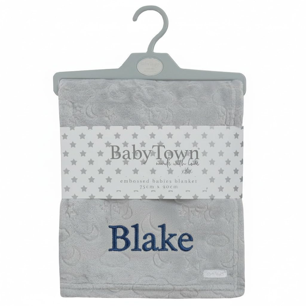 Personalised Embossed moon stars blanket Baby Blanket, Soft Fleece, Grey, 75 x 90cm, Newborn to Toddler Personalised with a name of your choice.