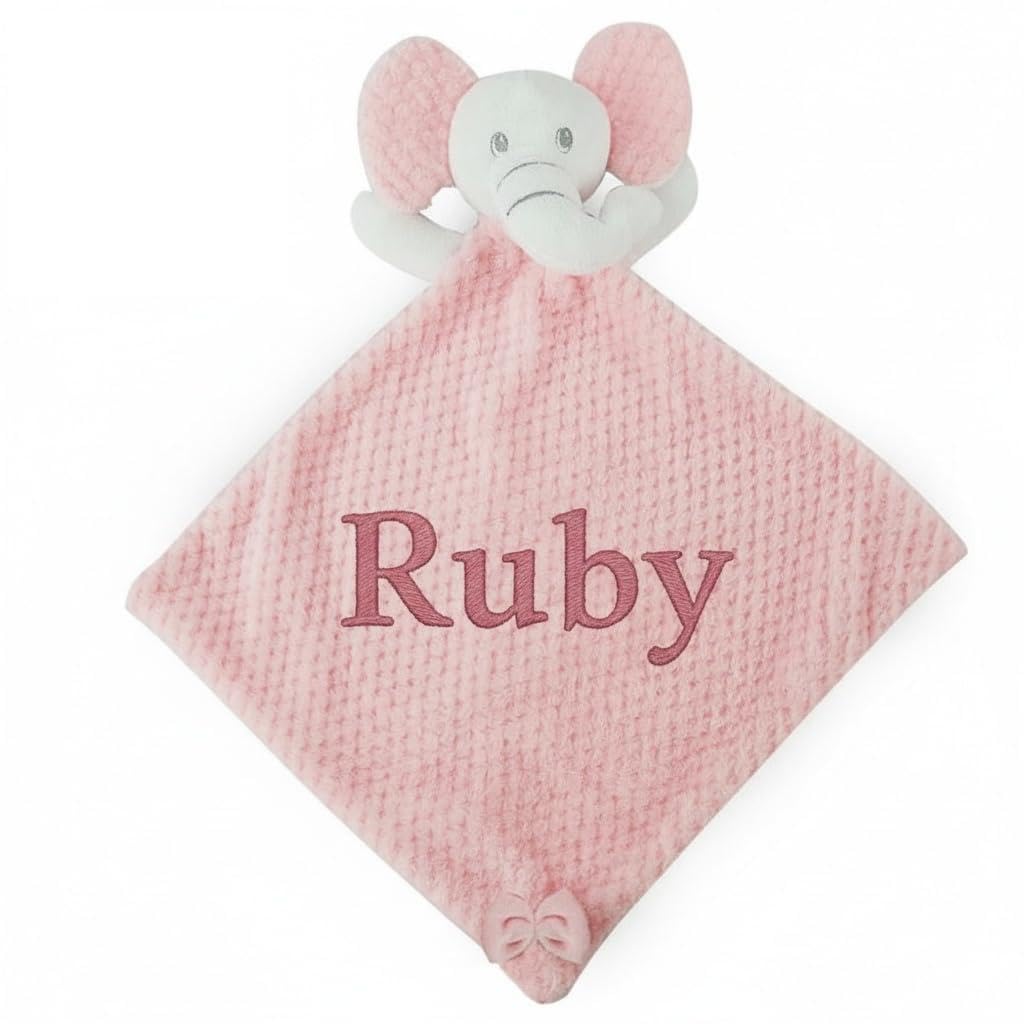 Personalised Pink Waffle Elephant Comforter, Soft Security Blanket for Baby Embroidered with a name of your choice