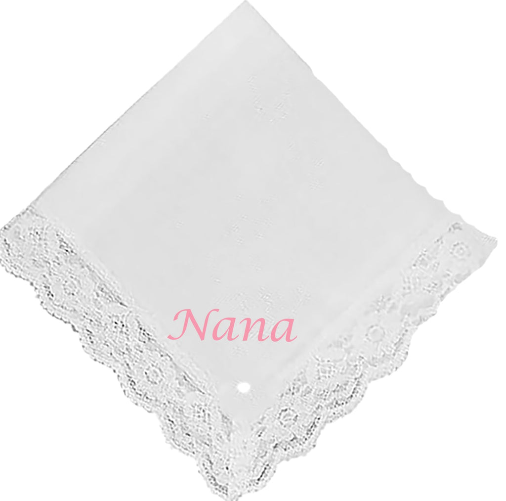 Lace Personalised Handkerchief - Embroidered Name on White Cotton Ladies Hanky